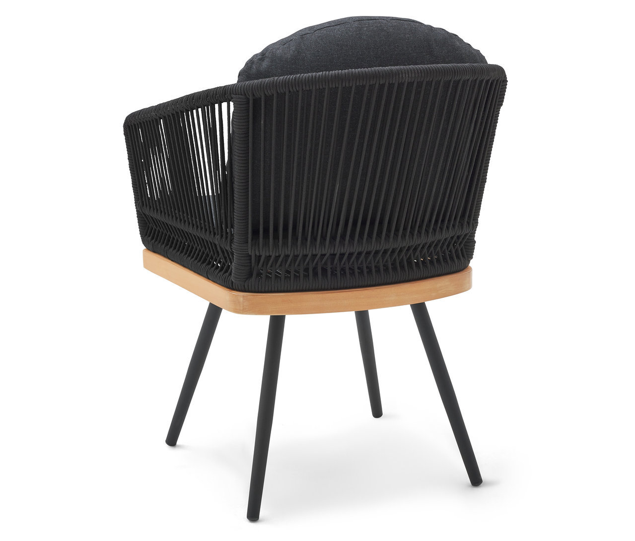 Otočná zahradní židle s textilním výpletem v černé barvě a z přírodního dřeva.