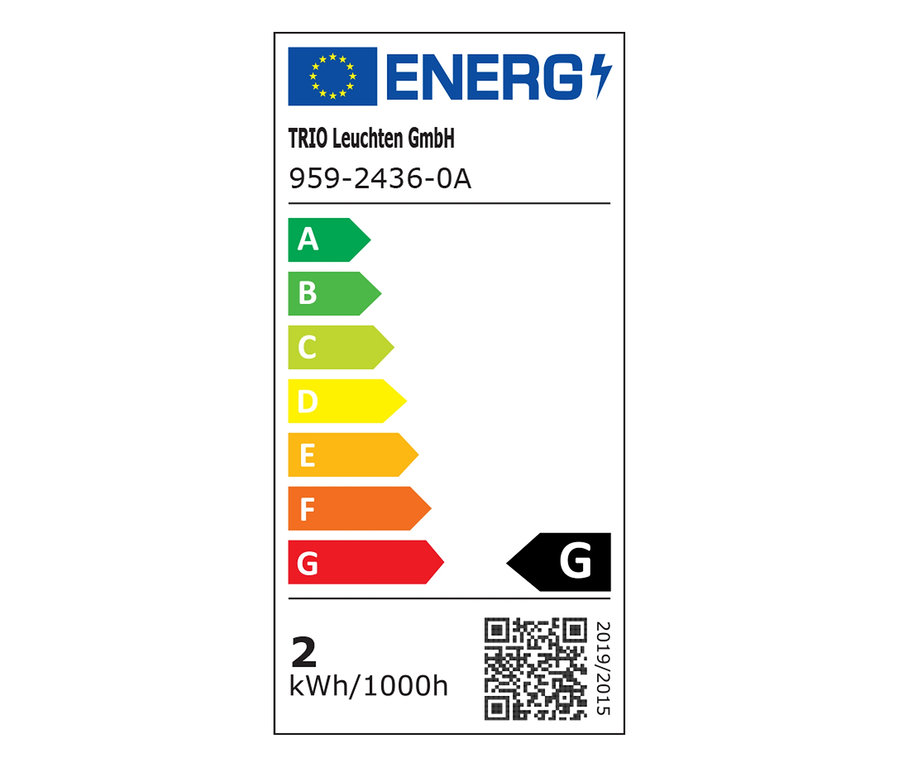 Energetický štítek TRIO Leuchten GmbH, 959-2436-0A, s třídou energetické účinnosti G a spotřebou 2 kWh/1000h.