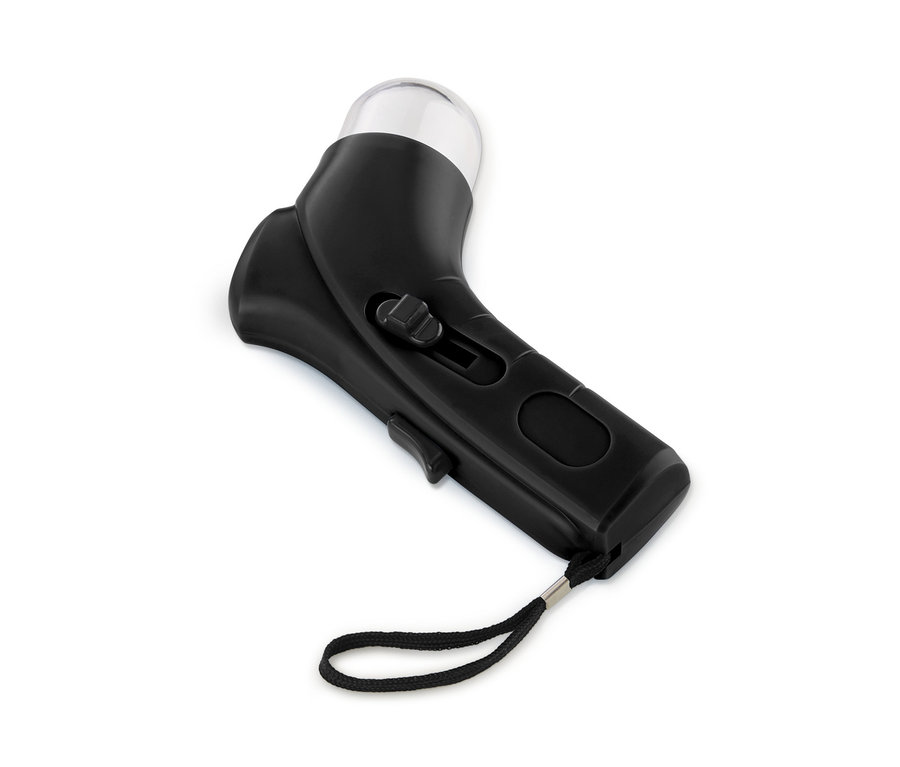 Černý zásobník metající pamlsky s průhlednou nádobou na pamlsky.