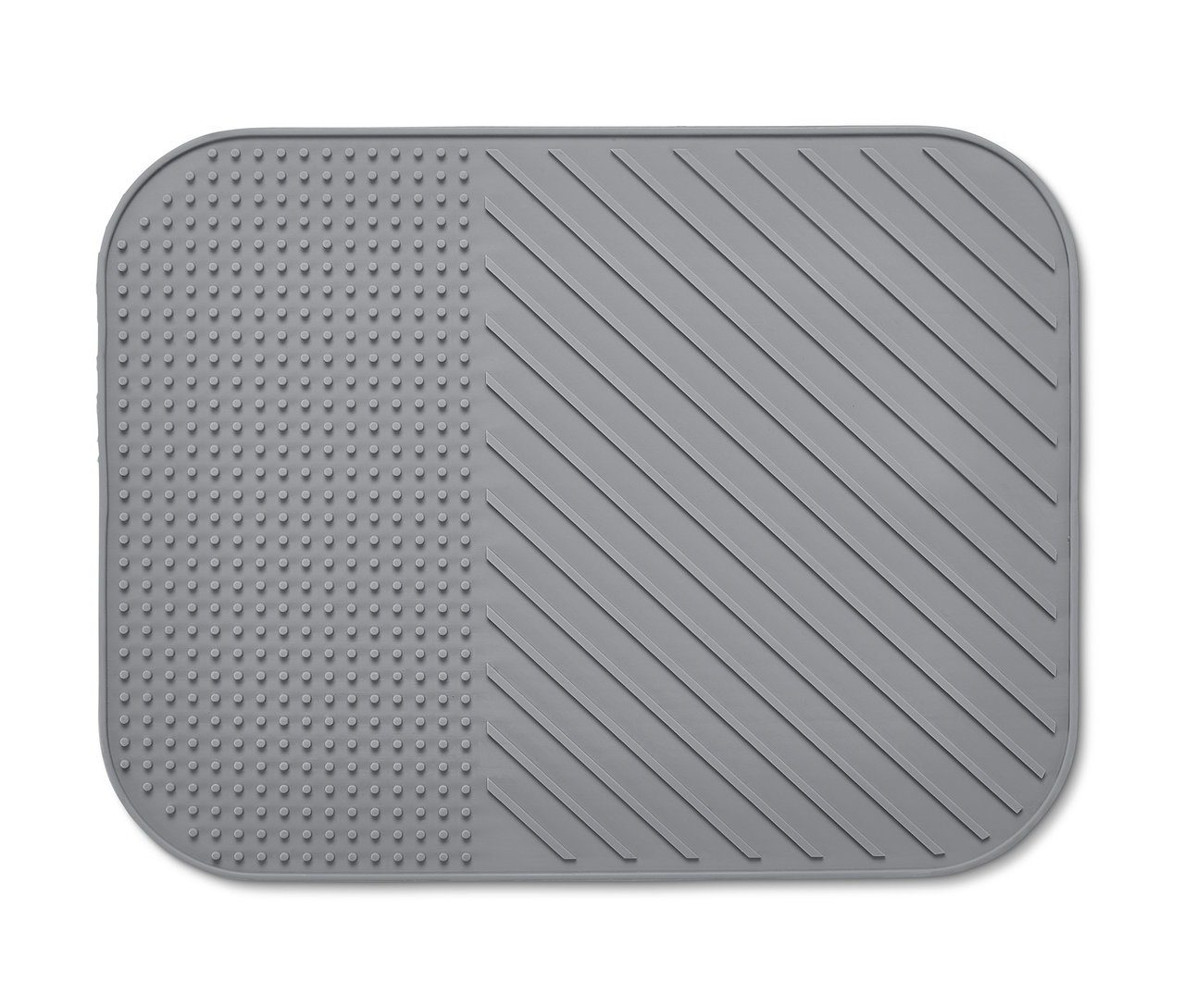 Šedá silikonová odkapávací podložka na nádobí na bílém pozadí.