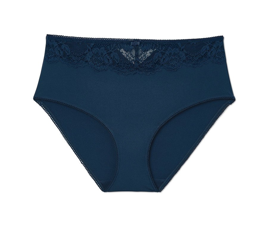 Tmavě modré kalhotky do pasu s krajkou.