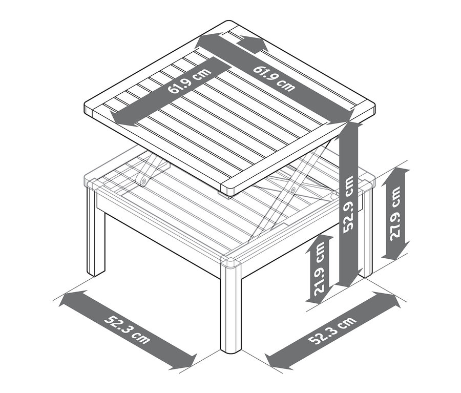Diagram znázorňuje odkládací stolek s výškově nastavitelnou deskou a rozměry.