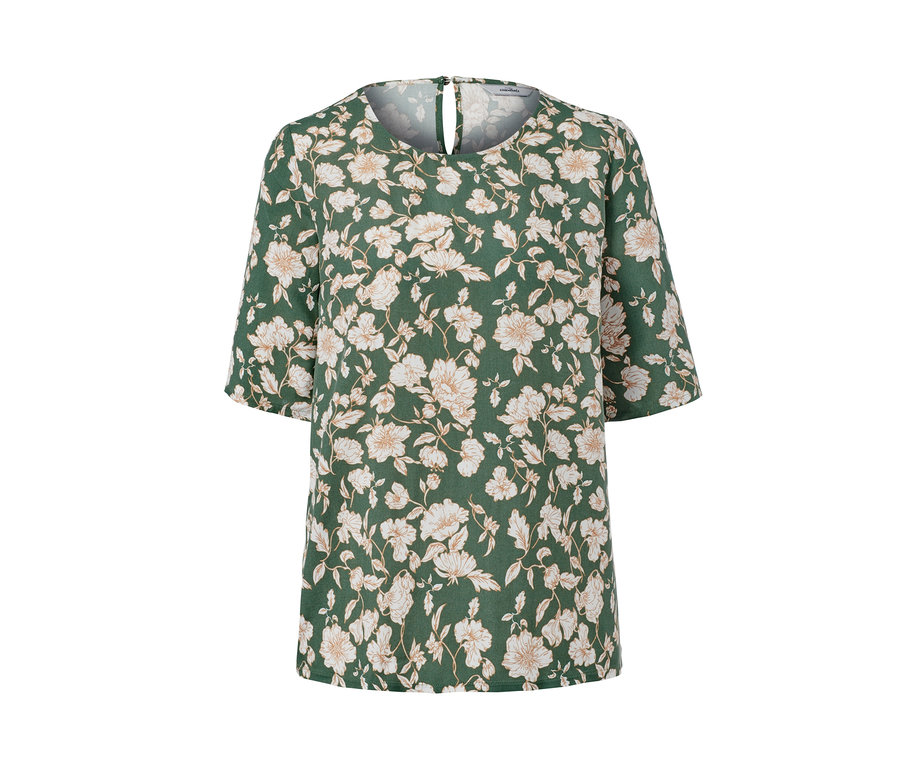 Zelená halenka s květinovým potiskem.