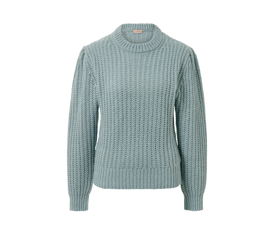 Kouřově modrý svetr z hrubé pleteniny s vlnou.