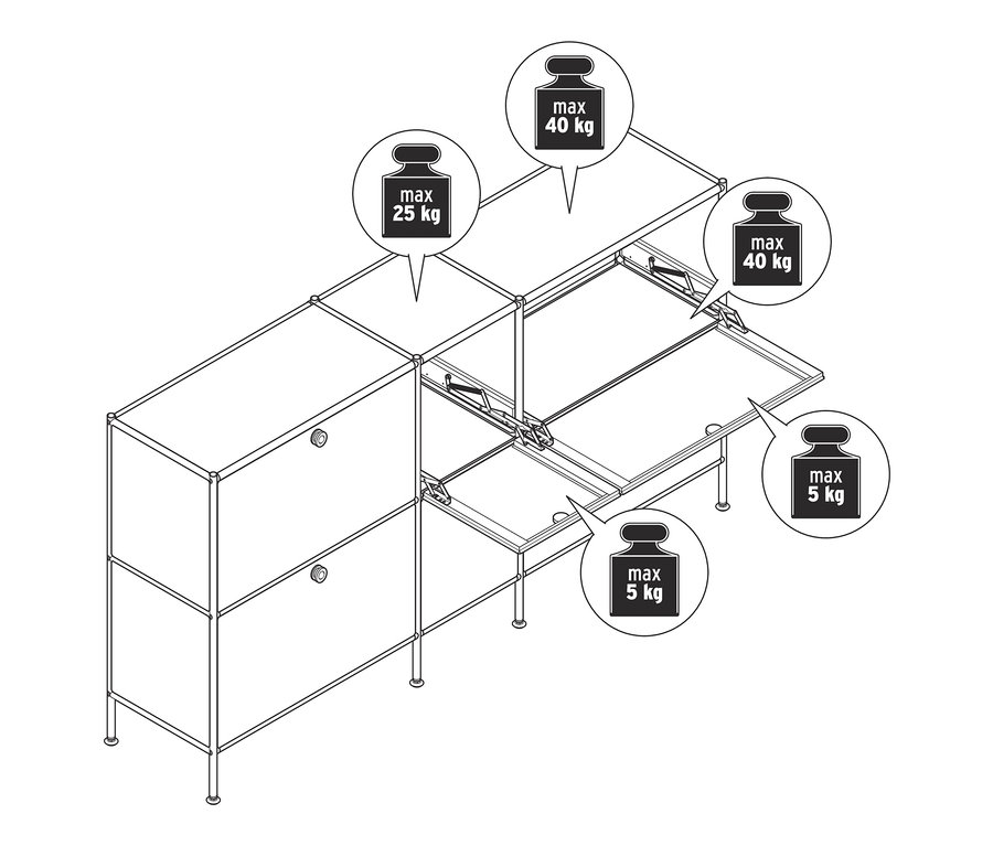 Náčrt kovové odkládací skříňky CN3 se 6 výklopnými dvířky. Některé dveře jsou otevřené.