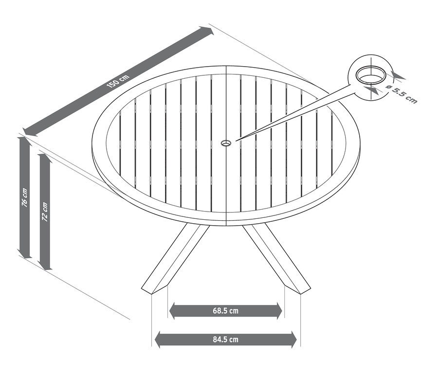 Nákres prémiového zahradního stolu z teakového dřeva s rozměry, včetně výšky 72 cm a průměru desky 150 cm.