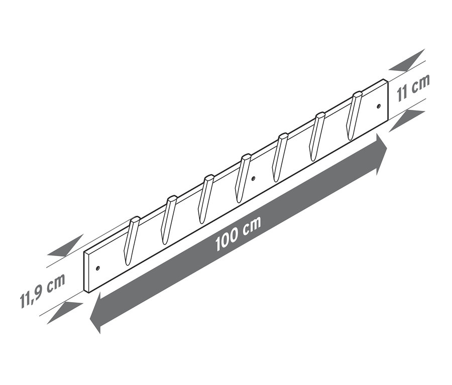 Nástěnná police s háčky a rozměry 11 cm, 11,9 cm a 100 cm.