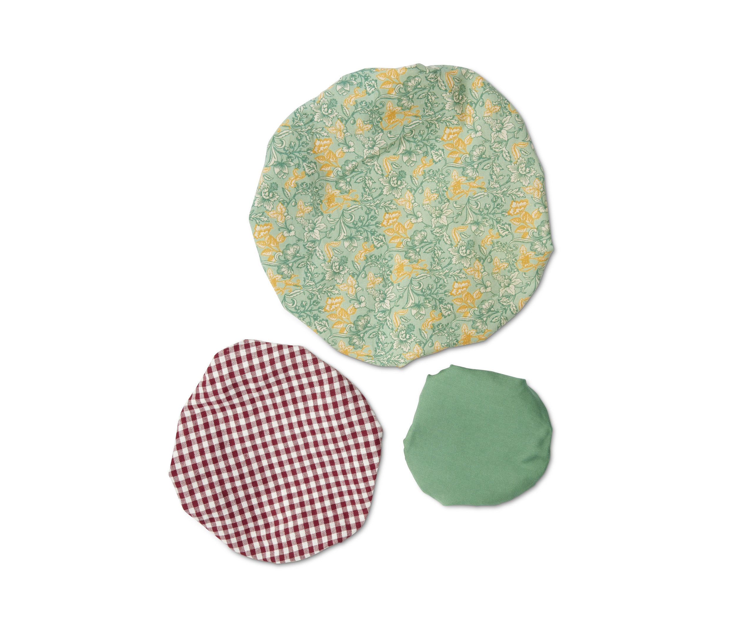 Sada tří látkových krytů na misky s různými vzory.