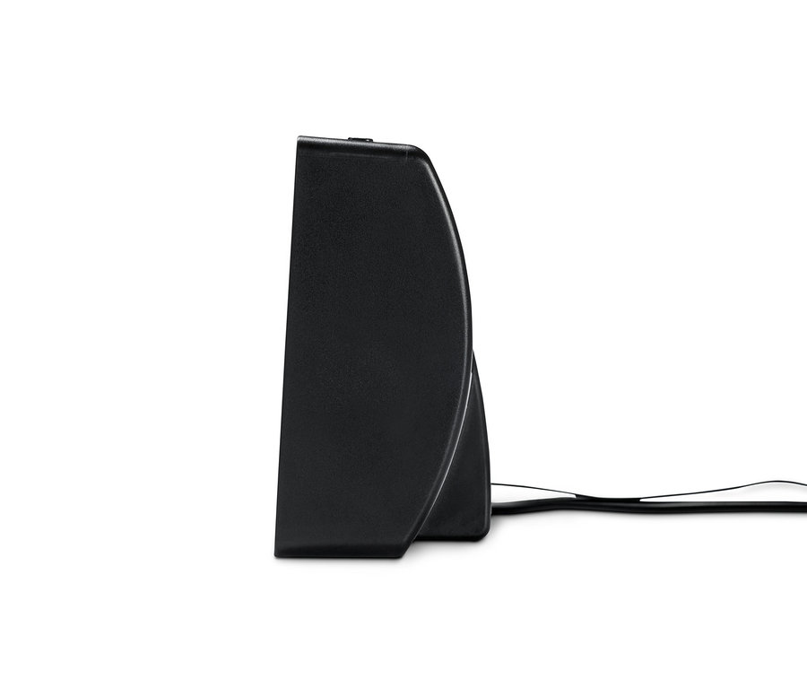 Boční pohled na černý rádiobudík XXL s kabelem.