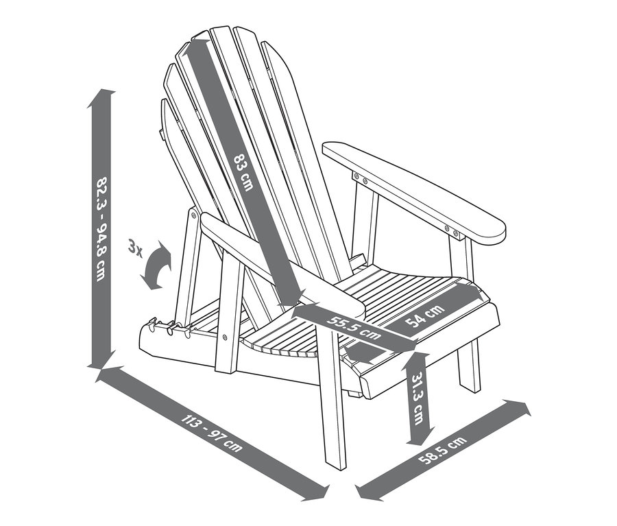 Nákres jednomístného relaxačního křesla Adirondack s výsuvnou podnožkou a uvedenými rozměry.
