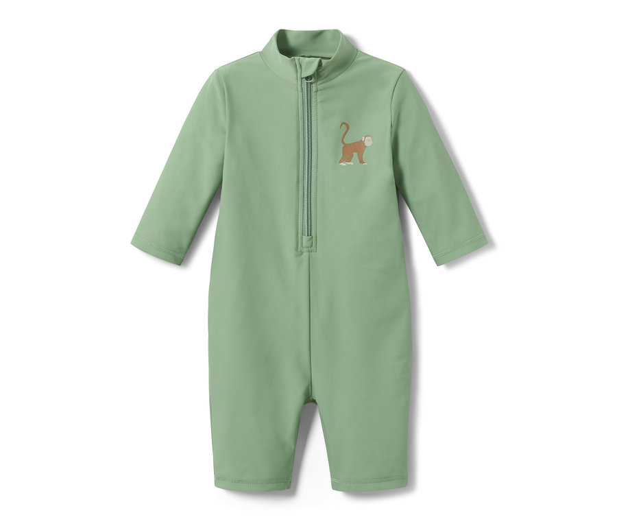 Zelený dětský overal s ochranou proti UV záření 80 s hnědou aplikací opice.