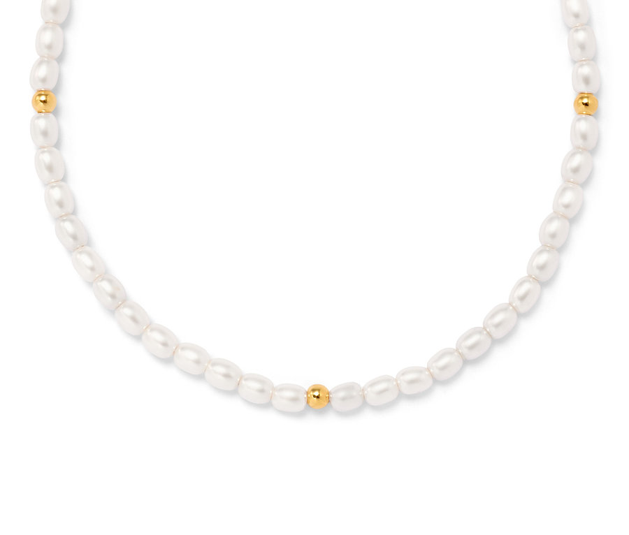 Náhrdelník ze skleněných perel s jednou zlatou perlou uprostřed.