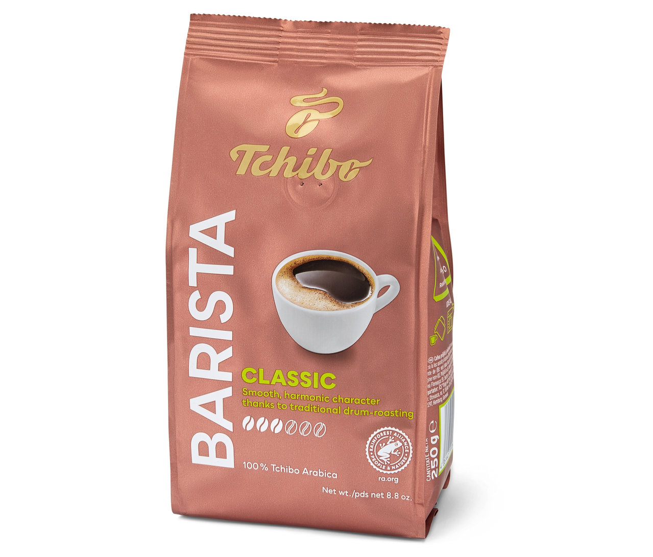 Balení mleté kávy Tchibo Barista Classic s obrázkem šálku kávy.