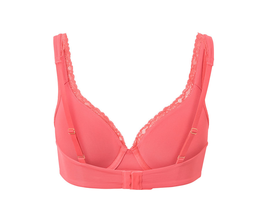 Pohled zezadu na papájovou podprsenku s kosticemi s krajkovým lemem.