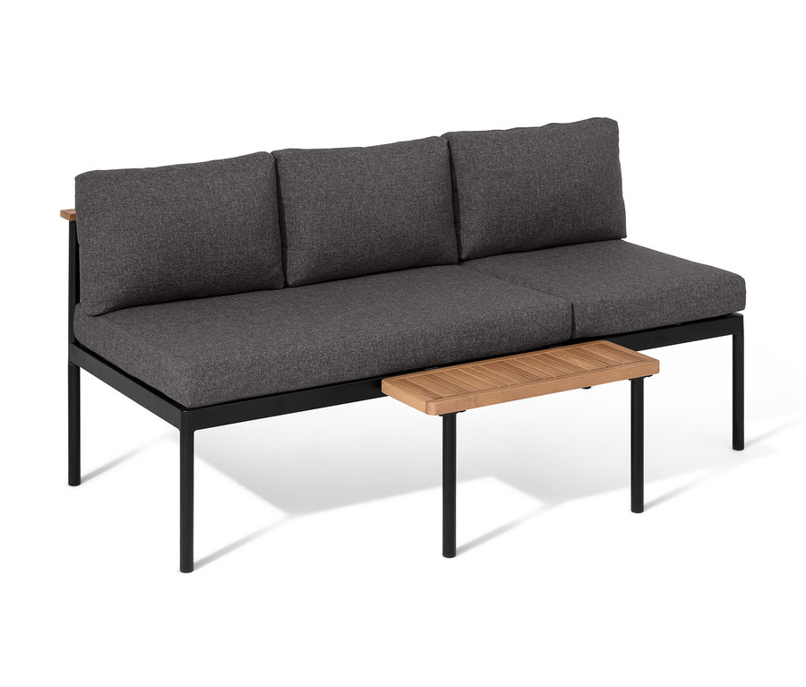 Šedá pohovka a lenoška 2 v 1 »Elin« s černým rámem a dřevěným bočním stolkem.
