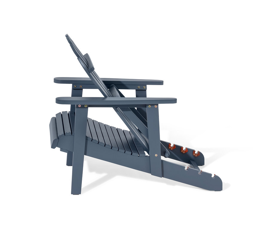 Detailní boční pohled na jednomístné relaxační křeslo Adirondack s výsuvnou podnožkou v šedé barvě.