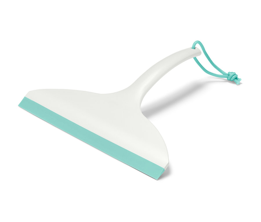 Bílá koupelnová stěrka s tyrkysovou gumovou lištou a tyrkysovou šňůrkou na zavěšení.