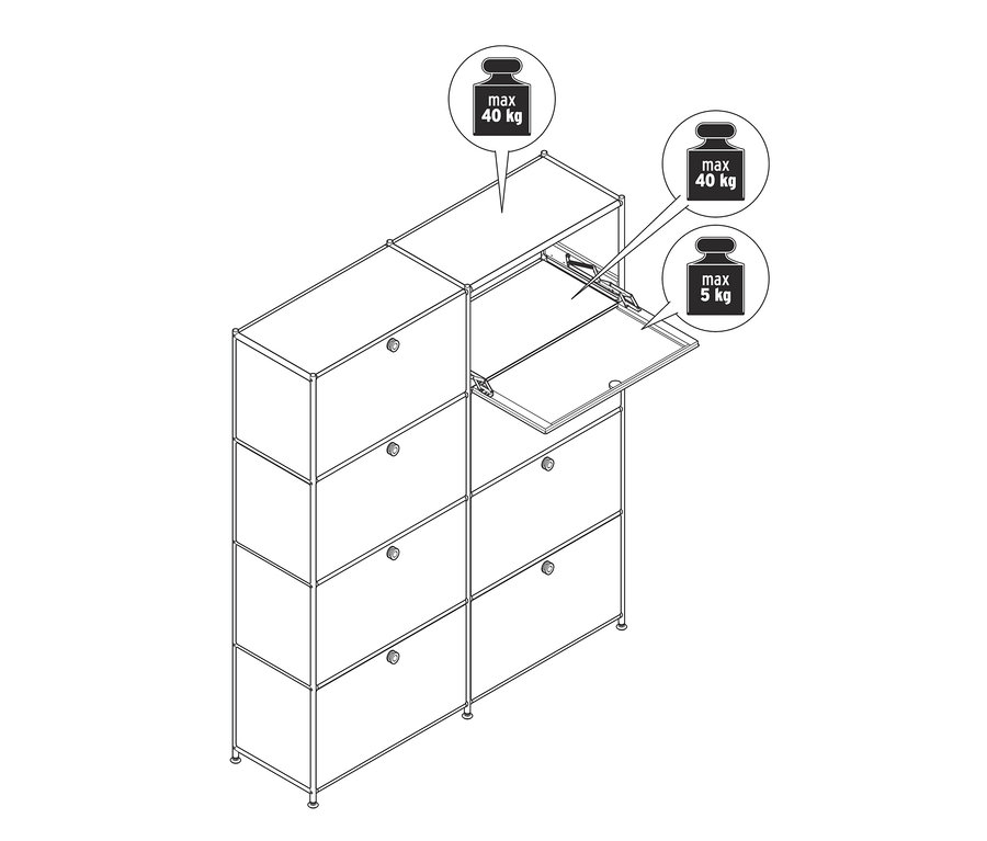 Nákres vysoké skříňky CN3 s osmi výklopnými dvířky, jedny dvířka jsou otevřené.