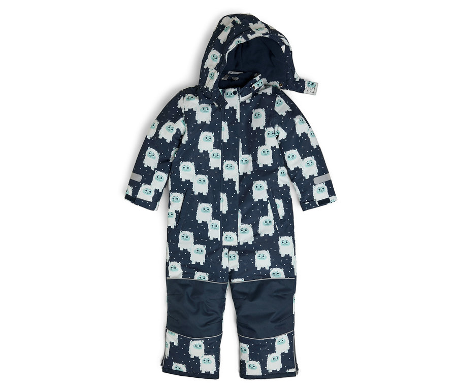 Dětská kombinéza s kapucí, tmavě modrá s bílými kreslenými postavičkami.