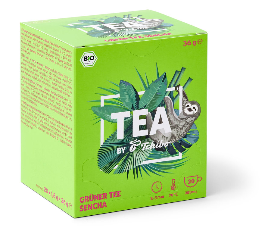 Balení BIO zeleného čaje TEA by Tchibo Sencha s obrázkem lenochoda.