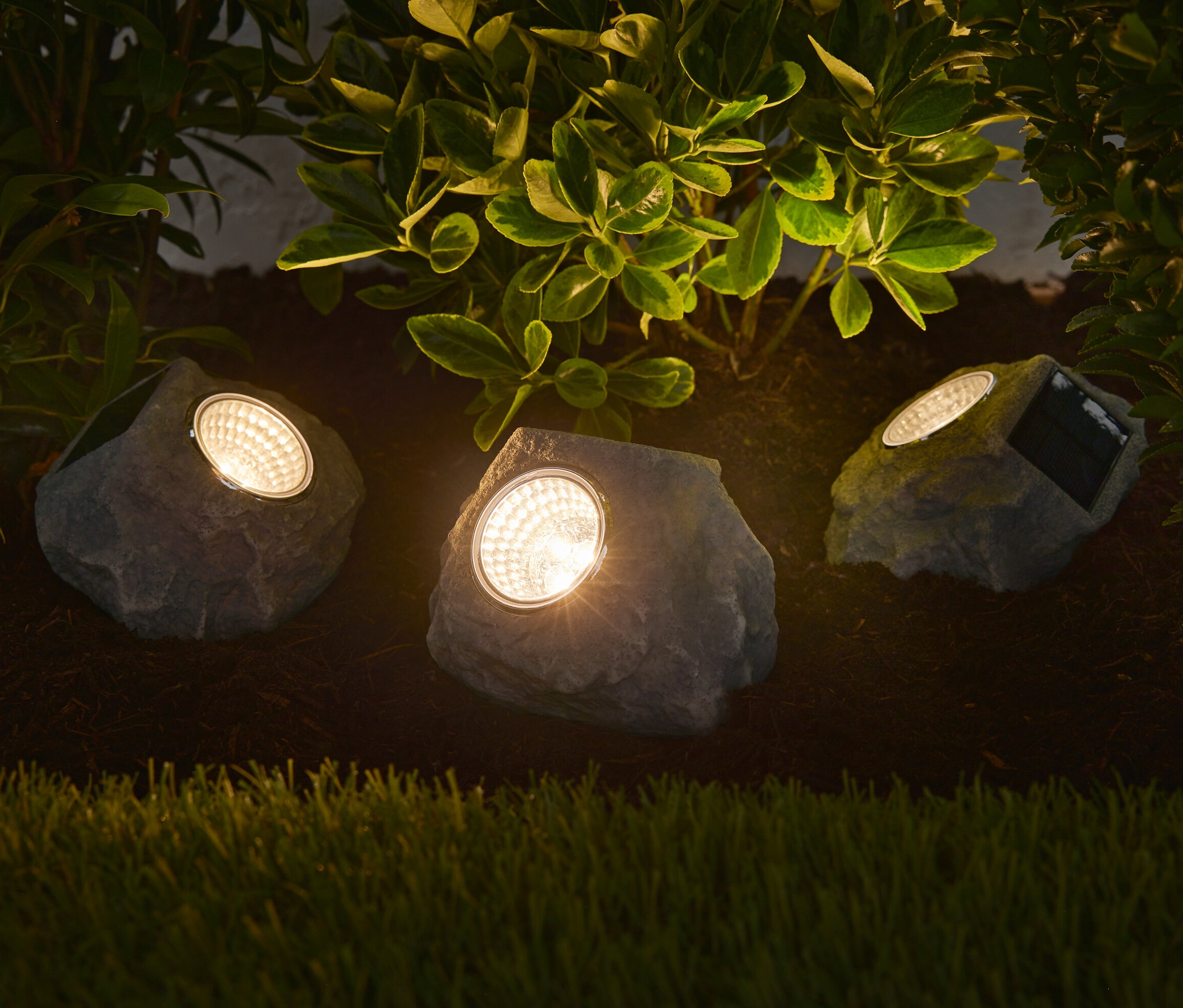 Tři prémiové solární LED kameny osvětlují záhon s rostlinami.