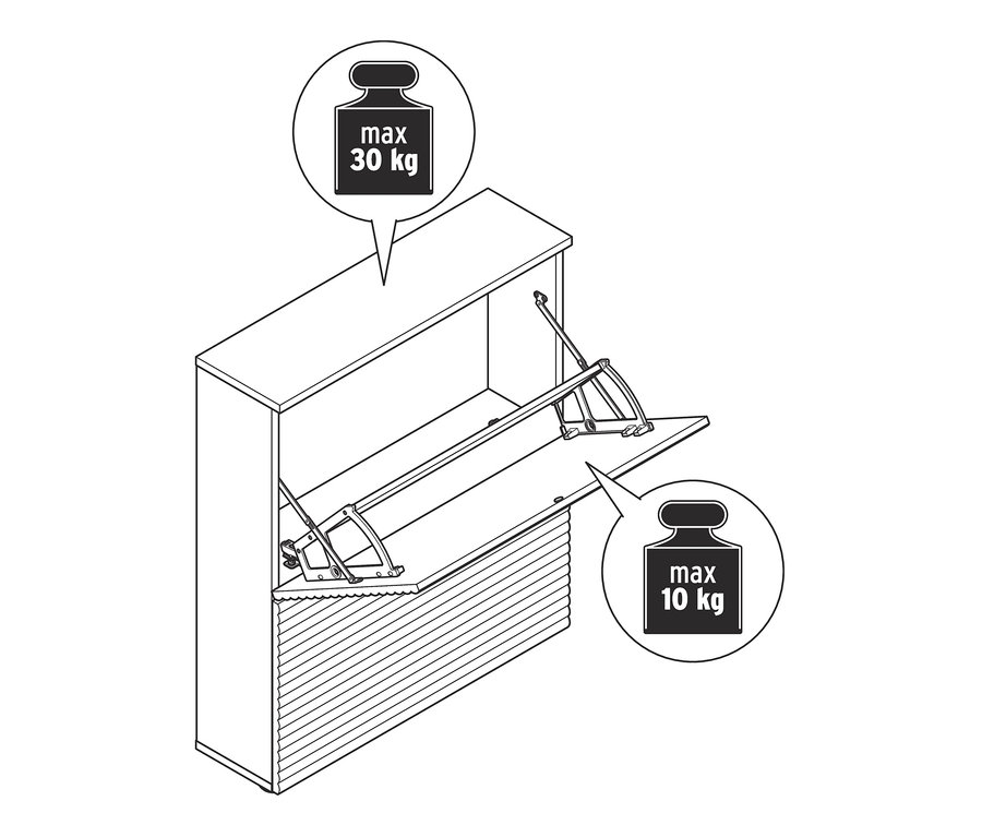 Náčrt výklopného botníku se 2 přihrádkami, jedna je otevřená.
