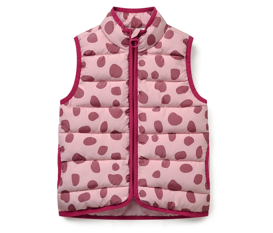 Růžová prošívaná vesta s bordó puntíky a bordó lemem.
