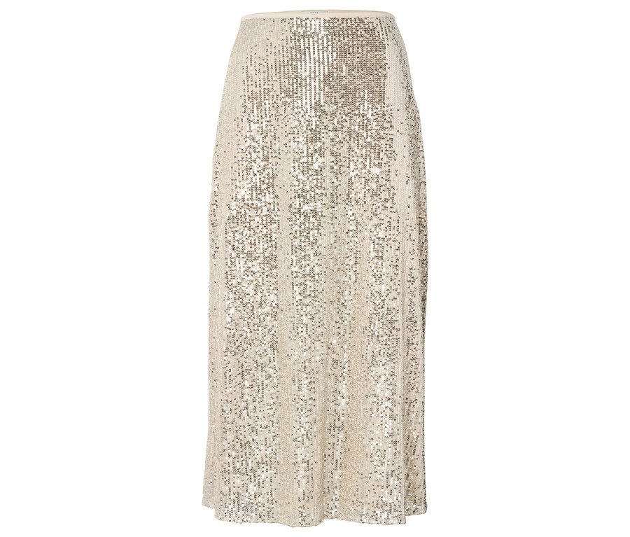 Béžová flitrovaná sukně s áčkovou linií.