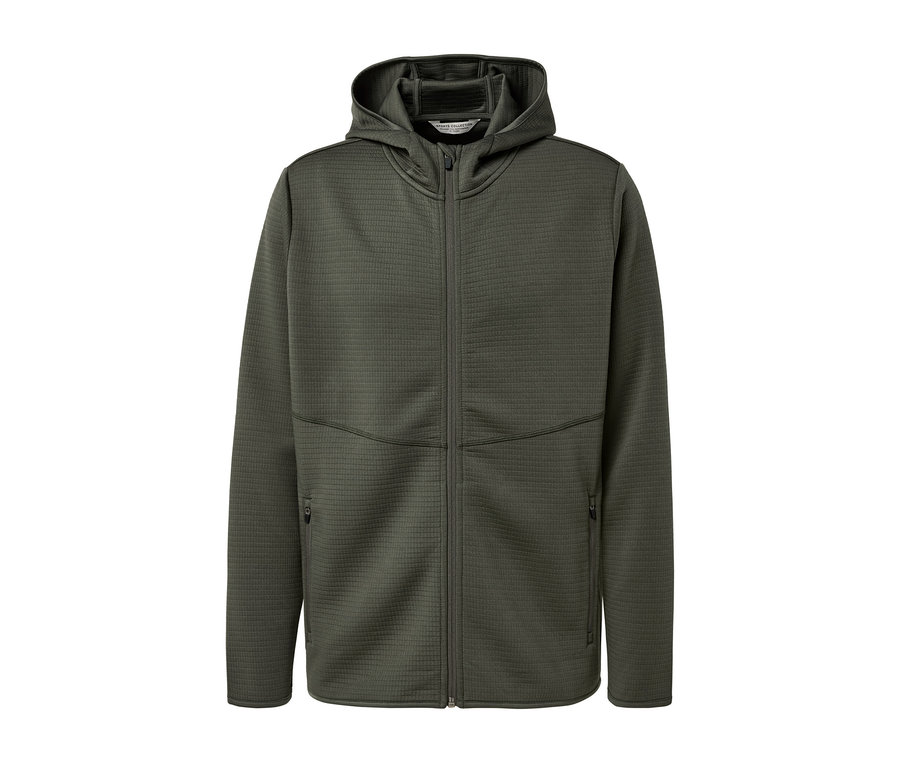 Funkční bunda khaki barvy se zipem a kapucí.