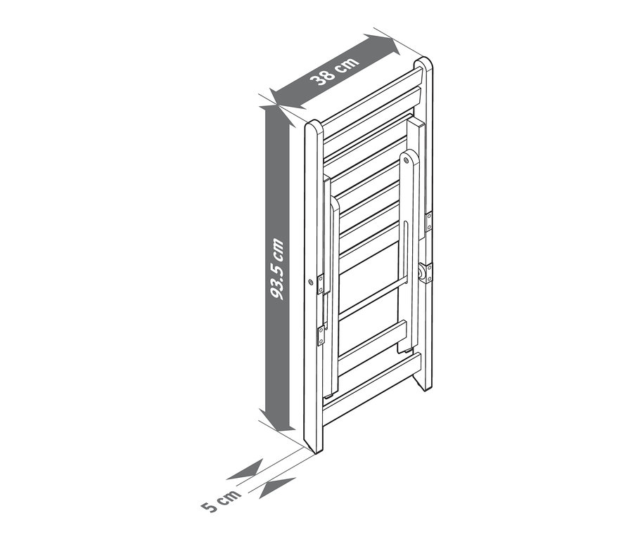Ilustrace jídelní soupravy na balkon »Lenja« s regálem ve složeném stavu. Rozměry soupravy jsou 93,5 cm x 38 cm x 5 cm.