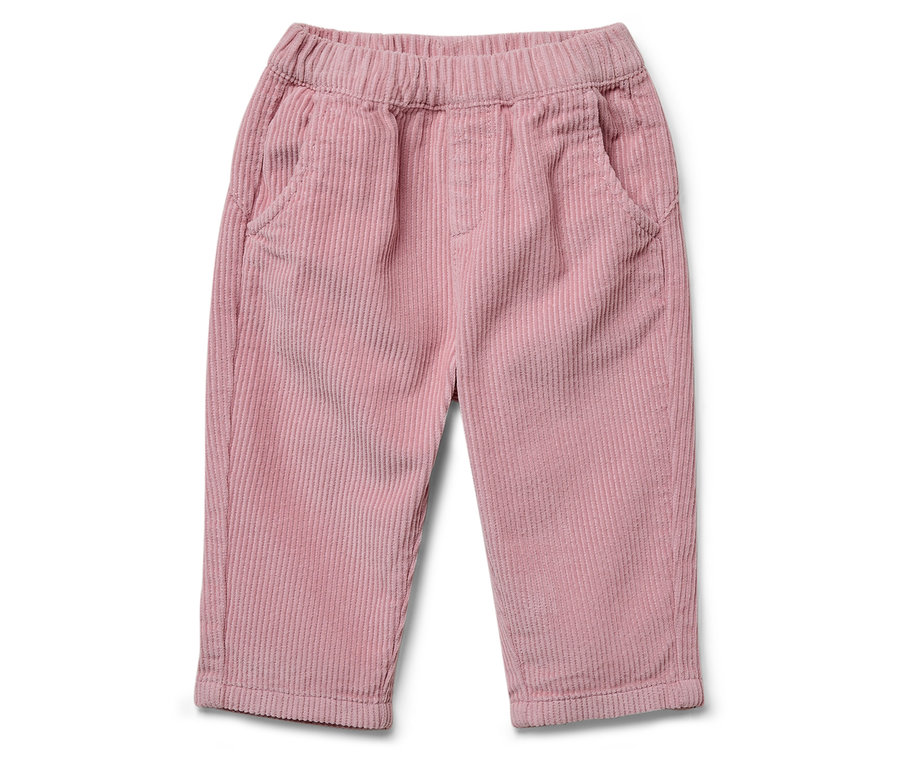 Růžové manšestrové kalhoty s elastickým pasem a kapsami.