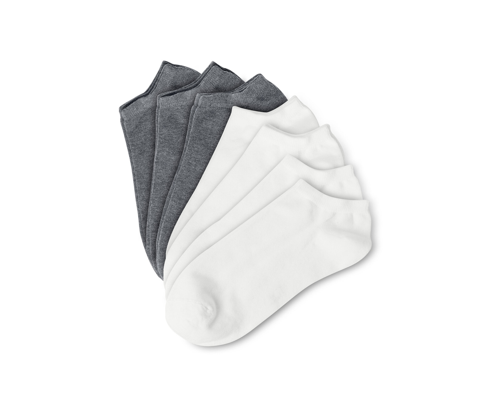 Sada sedmi párů krátkých ponožek v bílé a šedé barvě.
