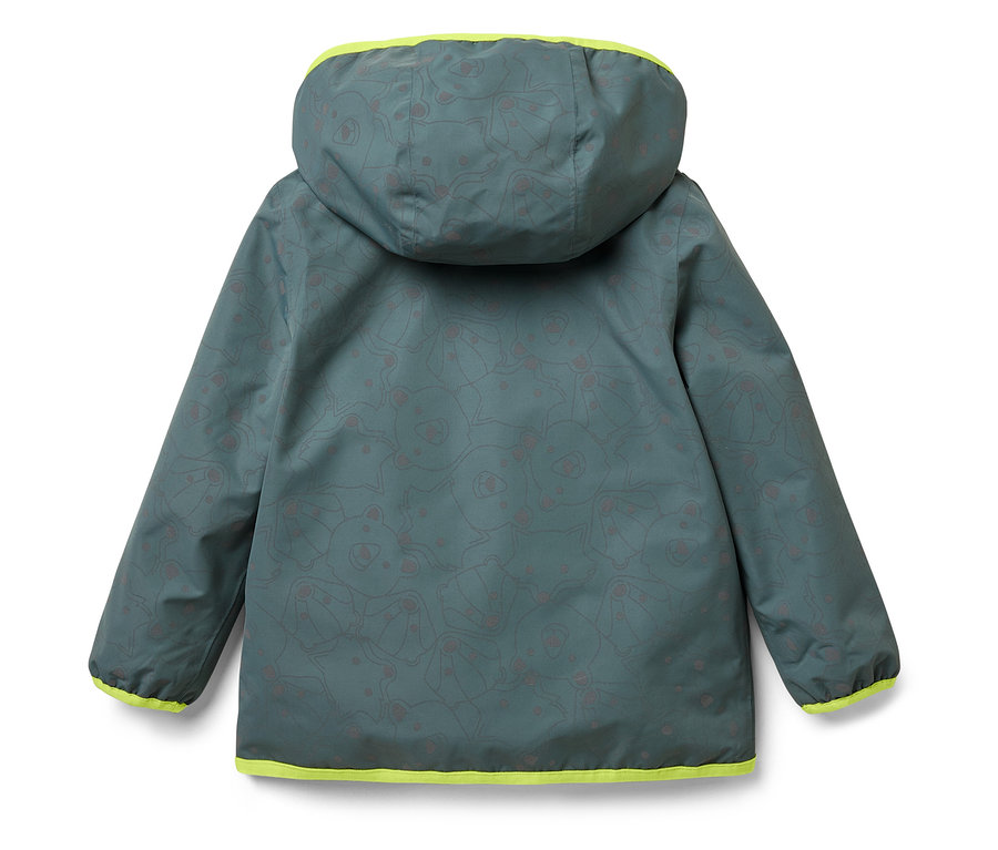 Zadní pohled na zelenou bundu s kapucí a potiskem medvědů, lemovanou neonově žlutou barvou.