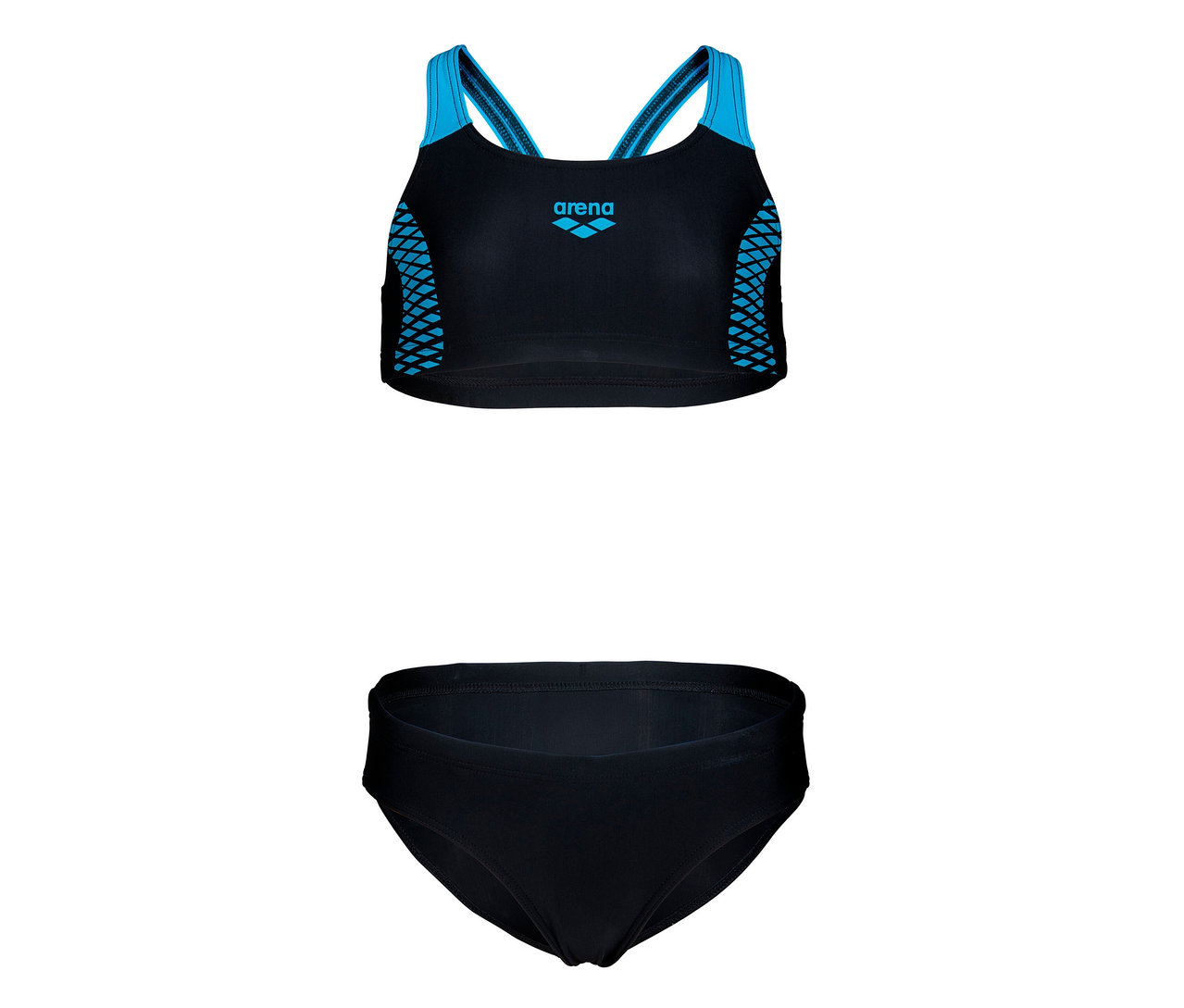 Černé dětské bikiny arena Feel Openings Energy Back s modrými detaily.
