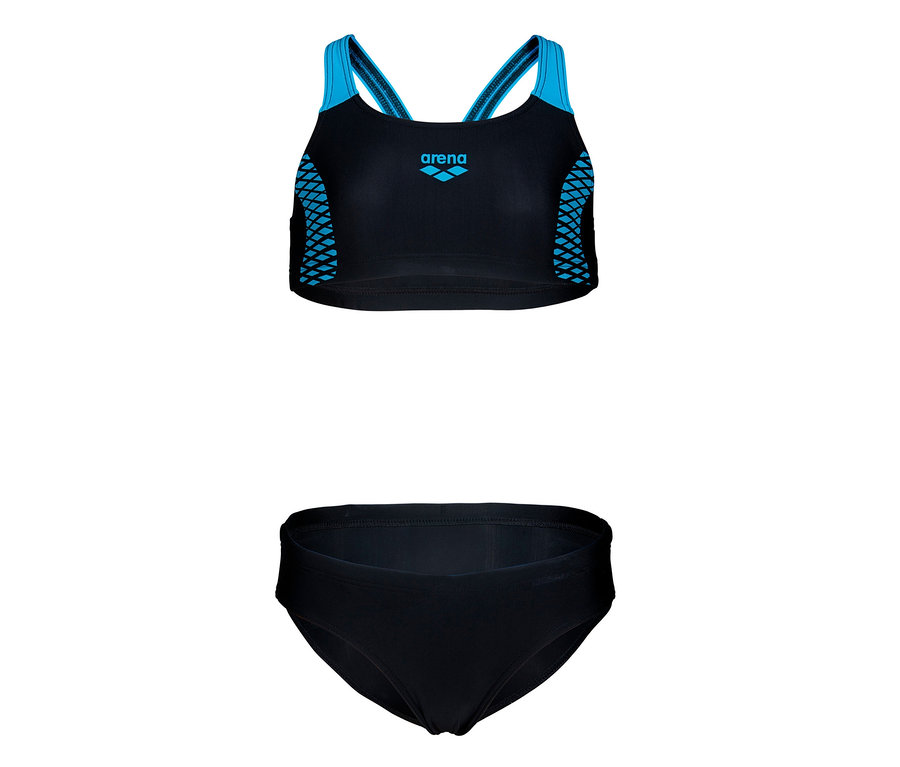 Černé dětské bikiny arena Feel Openings Energy Back s modrými detaily.