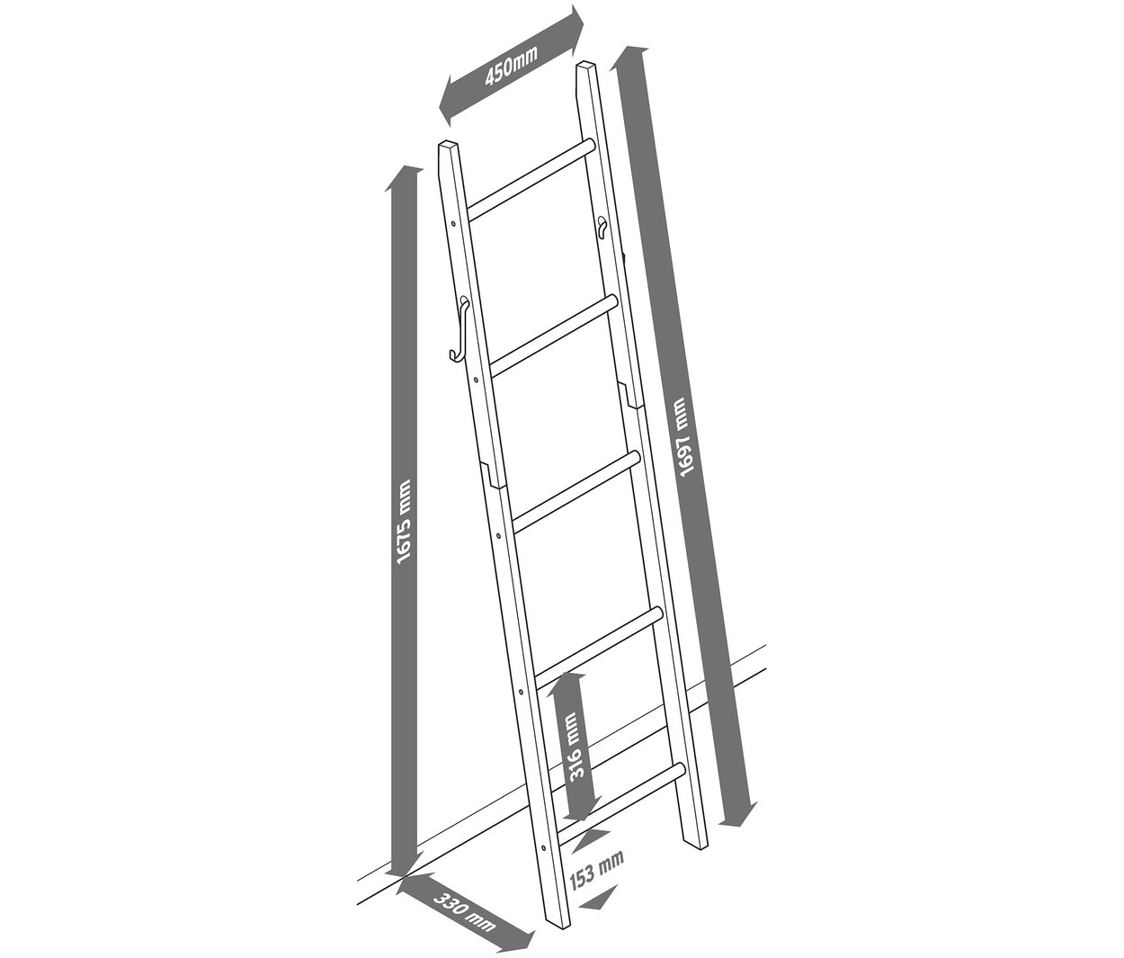 Nákres dřevěného žebříkového regálu s rozměry.