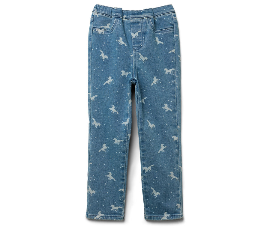 Modré džíny s potiskem bílých koní.