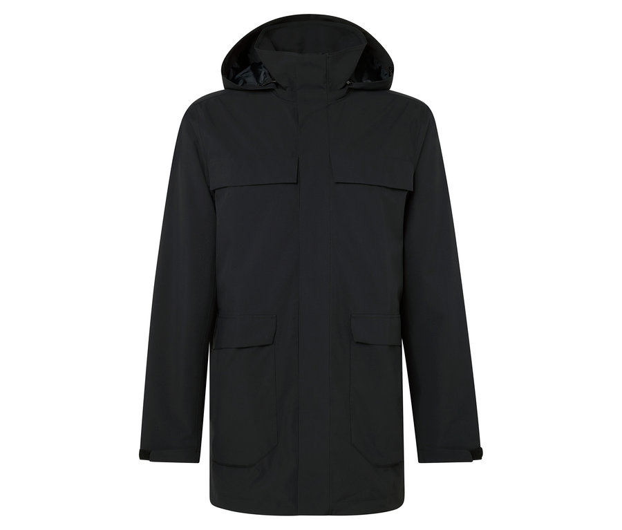 Černá bunda s kapucí a kapsami.