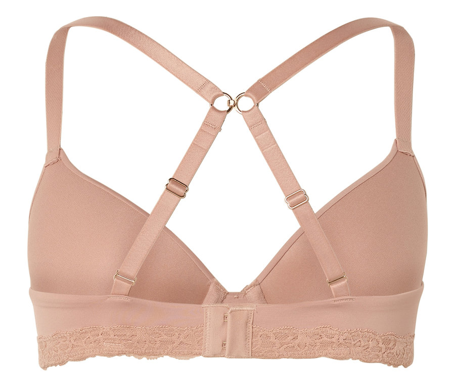 Pohled zezadu na tělovou podprsenku s nastavitelnými ramínky a krajkovým lemem.