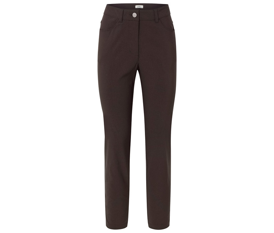 Hnědé kalhoty s kapsami a zapínáním na knoflík na bílém pozadí.