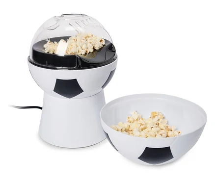 Stroj na popcorn s designem fotbalového míče s miskou popcornu.