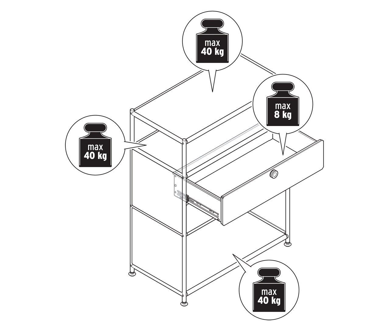 Pohled shora na kovovou komodu »CN3« se 2 zásuvkami, jedna zásuvka je otevřená.