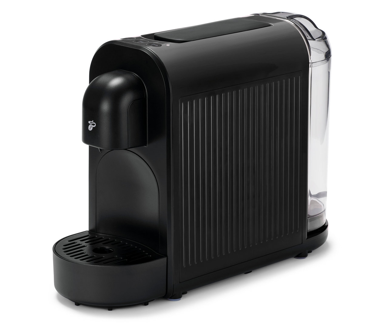 Černý kávovar na kapsle Cafissimo now black stojí na bílém pozadí.