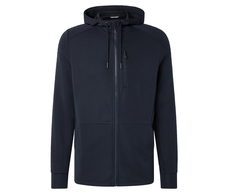 Detailní záběr na tmavě modrou mikinu s kapucí na zip.