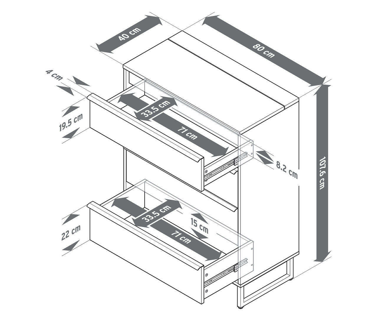 Schématický nákres komody »LEEG« se 4 zásuvkami a zrcadlem, s uvedenými rozměry jednotlivých částí.