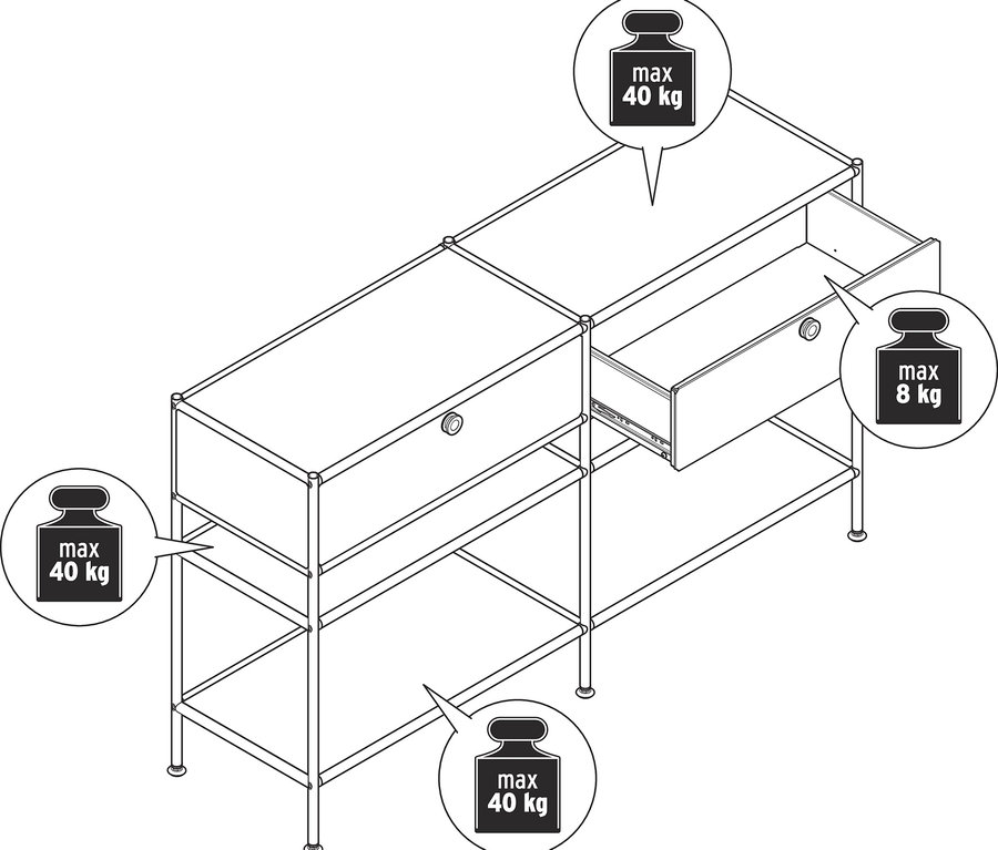 Nákres kovového konzolového stolku »CN3« se 2 zásuvkami s maximální nosností 40 kg na horní desce a 8 kg v zásuvce.