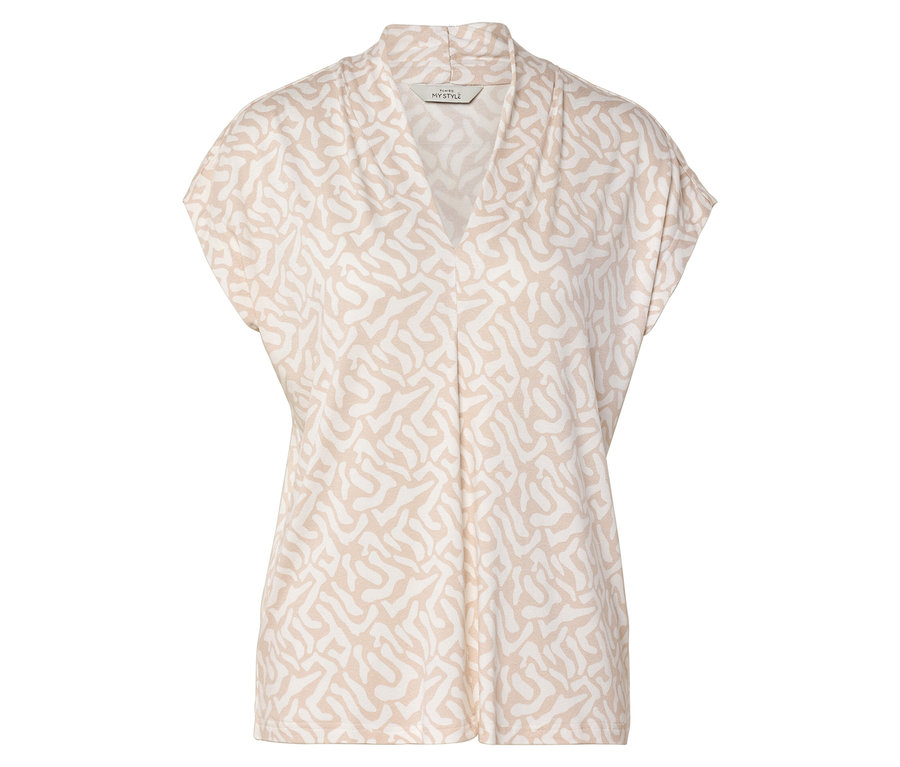 Béžovo-bílý vzorovaný top s krátkým rukávem a výstřihem do V.