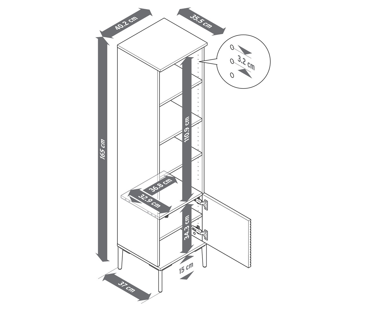 Obrázek regálu »REET« v lamelovém provedení s rozměry.