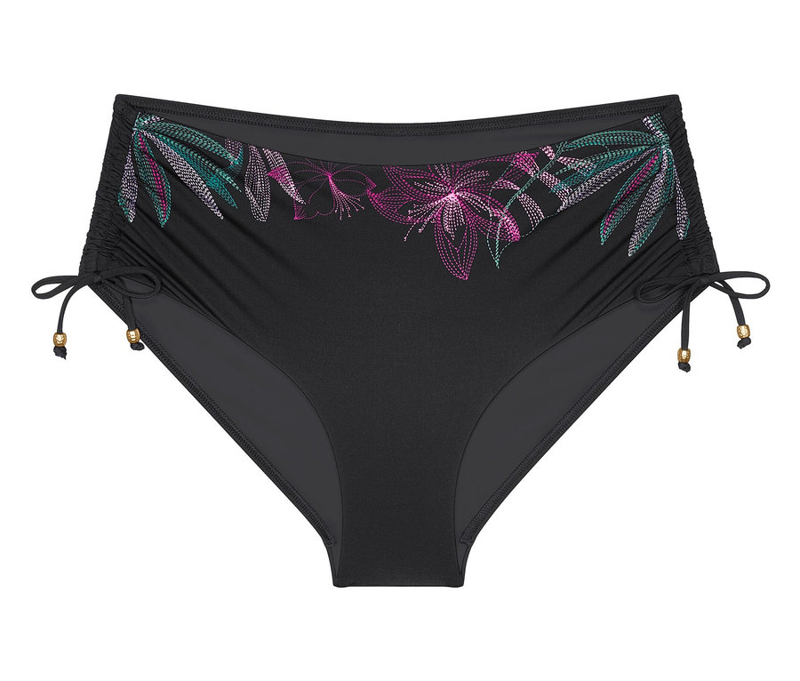 Černé bikiny kalhotky s květinovým vzorem na pase a řasením na bocích.
