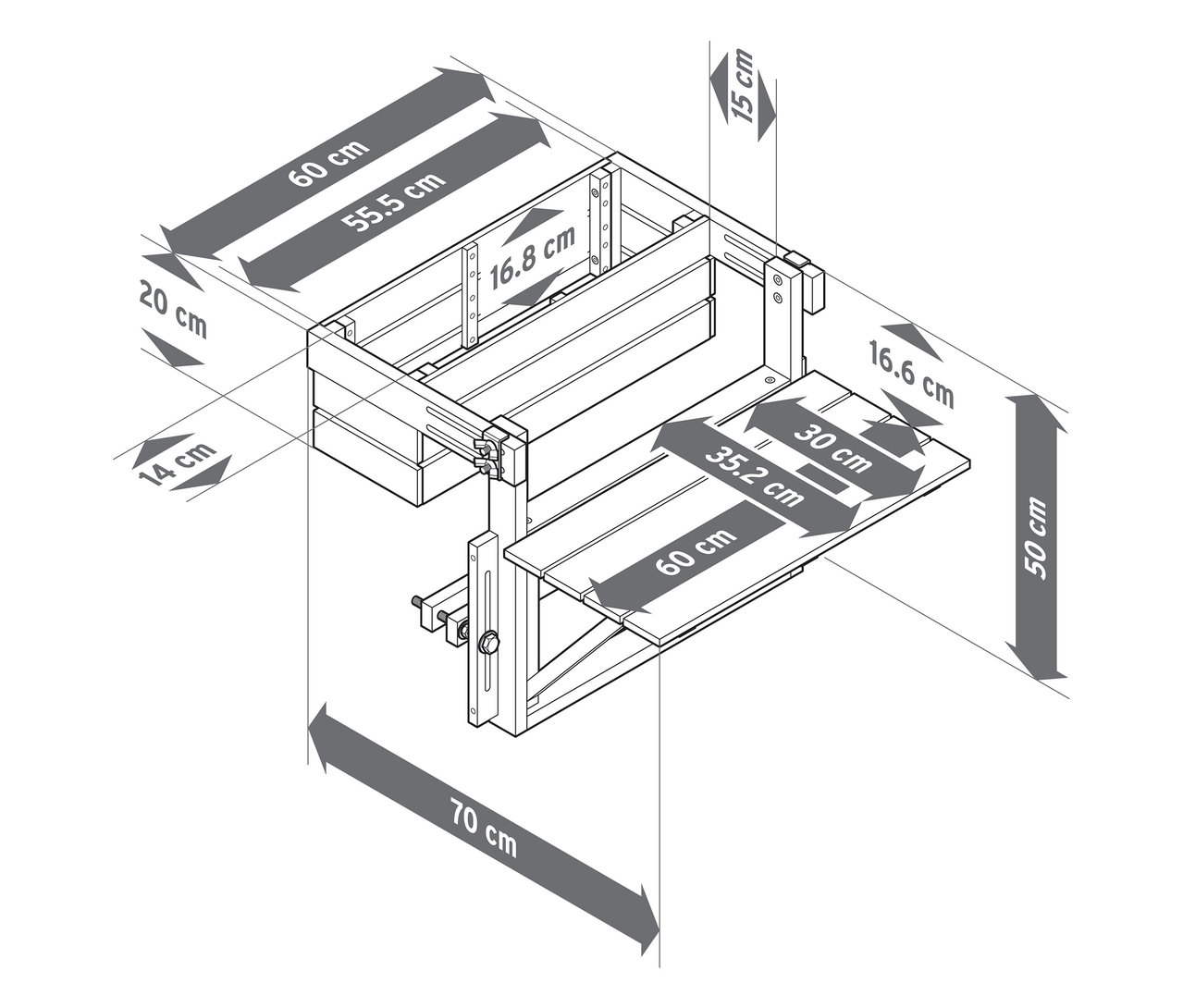 Detailní technický výkres nástěnného stolu s různými rozměry v centimetrech.